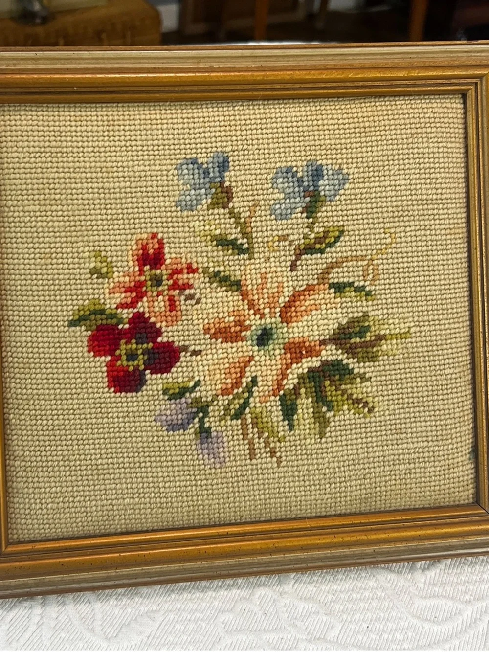 Floral Needlepoint Embroidered Framed Wall Art VTG Cottage Muted Flowers Tan